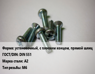 Винт установочный, с плоским концом, прямой шлиц DIN 551 Сталь: A2 М6, по запросу, кг цена от 162.28 Тг / кг, где купить, условия доставки в Актау и Мангистауской области